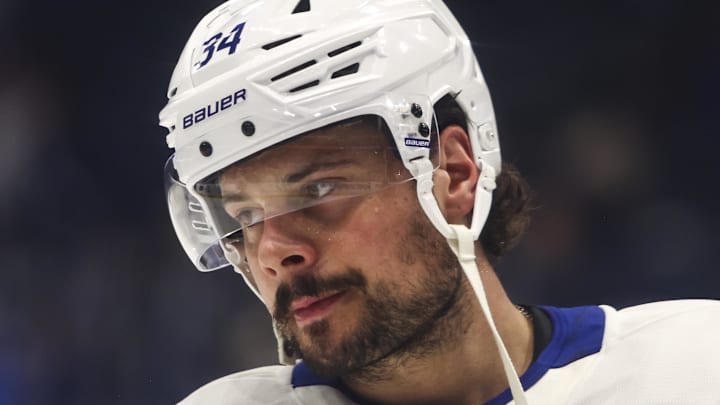 Feb 25, 2026; Tampa, Florida, USA; Toronto Maple Leafs forward Auston Matthews (34) during warm ups before the game against the Tampa Bay Lightning at Benchmark International Arena. Mandatory Credit: Morgan Tencza-Imagn Images