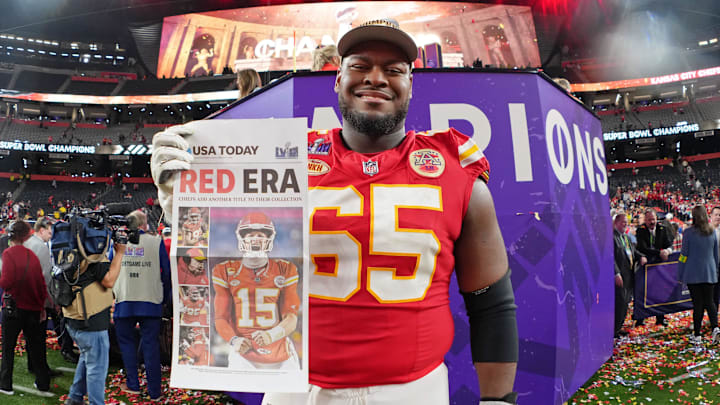 Feb 11, 2024; Paradise, Nevada, USA; Kansas City Chiefs guard Trey Smith (65) poses for a photo after winning Super Bowl LVIII against the San Francisco 49ers at Allegiant Stadium. Mandatory Credit: Kirby Lee-Imagn Images Feb 11, 2024; Paradise, Nevada, USA; Kansas City Chiefs guard Trey Smith (65) poses for a photo after winning Super Bowl LVIII against the San Francisco 49ers at Allegiant Stadium. Mandatory Credit: Kirby Lee-Imagn Images