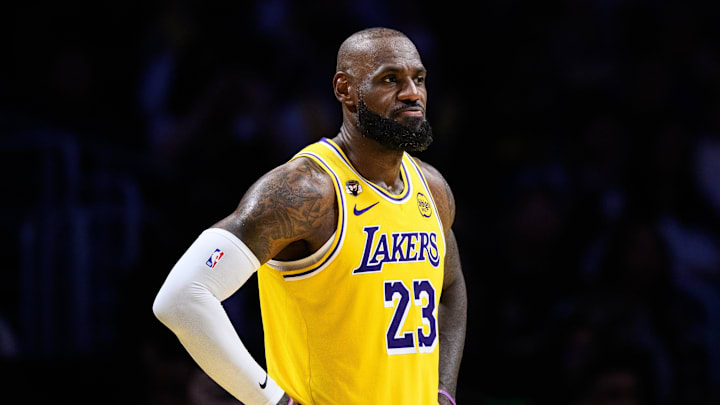 Mar 14, 2026; Los Angeles, California, USA; Los Angeles Lakers forward LeBron James (23) looks on during the second half against the Denver Nuggets at Crypto.com Arena. Mandatory Credit: William Liang-Imagn Images