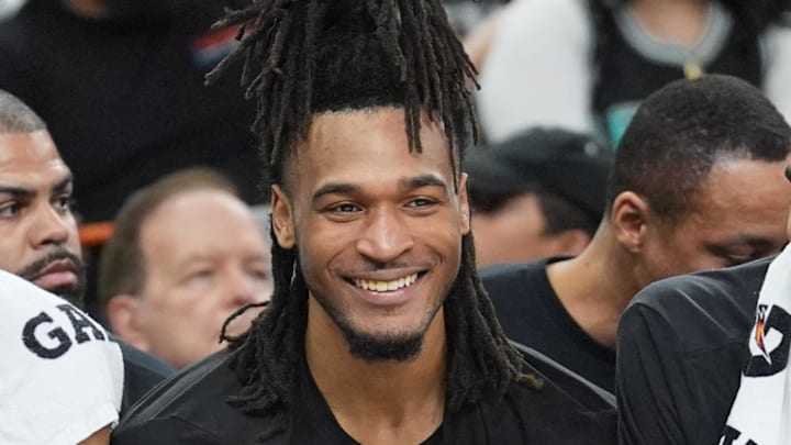 Feb 7, 2026; San Antonio, Texas, USA;  San Antonio Spurs guard Stephon Castle (5) on the bench during the second half against the Dallas Mavericks at Frost Bank Center. Mandatory Credit: Daniel Dunn-Imagn Images