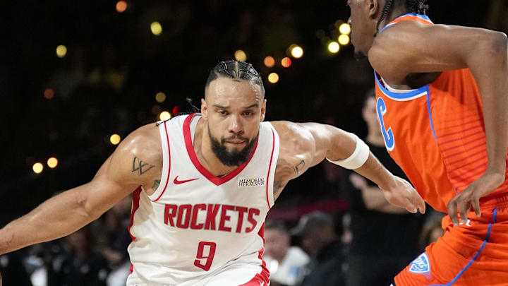 Dec 14, 2024; Las Vegas, Nevada, USA; Houston Rockets forward Dillon Brooks (9) controls the ball against Oklahoma City Thunder forward Jalen Williams (8) during the fourth quarter in a semifinal of the 2024 Emirates NBA Cup at T-Mobile Arena. Mandatory Credit: Kyle Terada-Imagn Images Dec 14, 2024; Las Vegas, Nevada, USA; Houston Rockets forward Dillon Brooks (9) controls the ball against Oklahoma City Thunder forward Jalen Williams (8) during the fourth quarter in a semifinal of the 2024 Emirates NBA Cup at T-Mobile Arena. Mandatory Credit: Kyle Terada-Imagn Images
