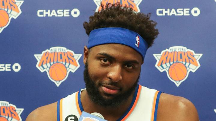 Sep 26, 2022; New York, NY, USA;  New York Knicks center Mitchell Robinson (23) speaks to the press at Knicks Content Day Mandatory Credit: Wendell Cruz-USA TODAY Sports