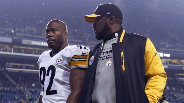 Nov 29, 2015; Seattle, WA, USA; Pittsburgh Steelers outside linebacker James Harrison (92) and head coach Mike Tomlin walk off the field following a 39-30 loss against the Seattle Seahawks at CenturyLink Field. Mandatory Credit: Joe Nicholson-Imagn Images