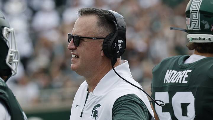 Michigan State head coach Pat Fitzgerald greets players on the sidelines against Eastern Michigan at Spartan Stadium on Saturday, Sept. 12, 2026. Michigan State head coach Pat Fitzgerald greets players on the sidelines against Eastern Michigan at Spartan Stadium on Saturday, Sept. 12, 2026.
