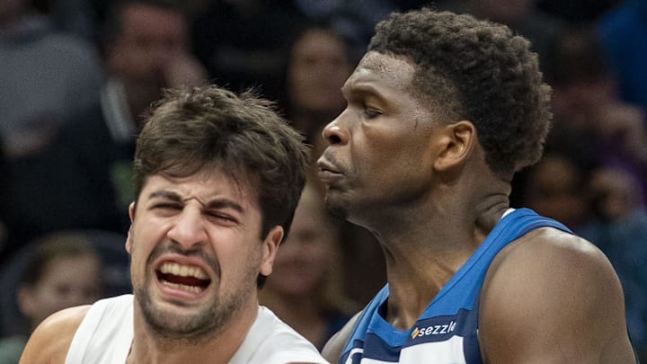 Portland Trail Blazers forward Deni Avdija dribbles the ball past Minnesota Timberwolves guard Anthony Edwards. Portland Trail Blazers forward Deni Avdija dribbles the ball past Minnesota Timberwolves guard Anthony Edwards.