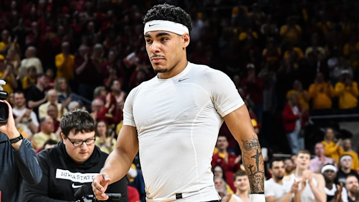 Mar 7, 2026; Ames, Iowa, USA; Iowa State Cyclones guard Tamin Lipsey (3) is recognized during senior day before the game against the Arizona State Sun Devils at James H. Hilton Coliseum. Mar 7, 2026; Ames, Iowa, USA; Iowa State Cyclones guard Tamin Lipsey (3) is recognized during senior day before the game against the Arizona State Sun Devils at James H. Hilton Coliseum.