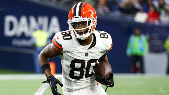 Aug 24, 2024; Seattle, Washington, USA; Cleveland Browns wide receiver Jamari Thrash (80) runs for yards after the catch against the Seattle Seahawks during the first quarter at Lumen Field. Mandatory Credit: Joe Nicholson-Imagn Images