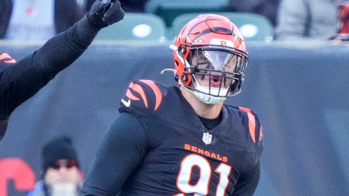 Cincinnati Bengals defensive end Trey Hendrickson (91) celebrates a sack in the second quarter of the NFL Week 16 game between the Cincinnati Bengals and the Cleveland Browns at Paycor Stadium in downtown Cincinnati on Sunday, Dec. 22, 2024. The Bengals led 17-0 at halftime.