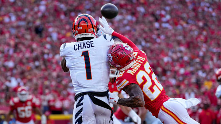 Kansas City Chiefs cornerback Trent McDuffie (22) breaks up a pass intended for Cincinnati Bengals wide receiver Ja'Marr Chase (1) in the first quarter of the NFL Week 2 game between the Kansas City Chiefs and the Cincinnati Bengals at Arrowhead Stadium in Kansas City on Sunday, Sept. 15, 2024. The Bengals led 16-10 at halftime. Kansas City Chiefs cornerback Trent McDuffie (22) breaks up a pass intended for Cincinnati Bengals wide receiver Ja'Marr Chase (1) in the first quarter of the NFL Week 2 game between the Kansas City Chiefs and the Cincinnati Bengals at Arrowhead Stadium in Kansas City on Sunday, Sept. 15, 2024. The Bengals led 16-10 at halftime.
