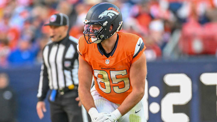 DENVER, CO - DECEMBER 15: Denver tight end Lucas Krull (85) during a game between the Indianapolis Colts and the Denver Broncos at Empower Field at Mile High in Denver, CO on December 15, 2024. 