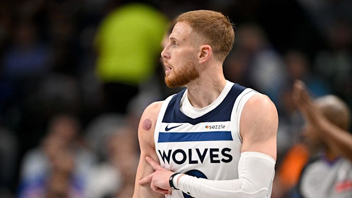 Mar 30, 2026; Dallas, Texas, USA; Minnesota Timberwolves guard Donte DiVincenzo (0) celebrates after he makes a three point basket against the Dallas Mavericks during the second half at the American Airlines Center. Mandatory Credit: Jerome Miron-Imagn Images