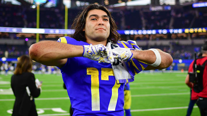 Dec 8, 2024; Inglewood, California, USA; Los Angeles Rams wide receiver Puka Nacua (17) celebrates the victory against the Buffalo Bills at SoFi Stadium. Mandatory Credit: Gary A. Vasquez-Imagn Images
