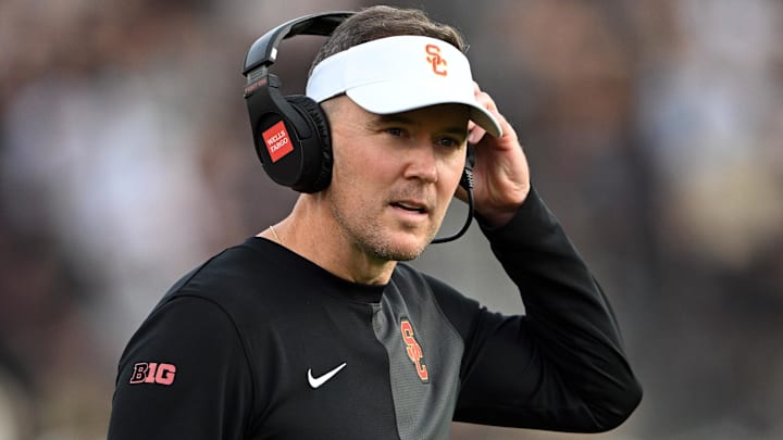 Southern California Trojans head coach Lincoln Riley stands on the sidelines during the first quarter against the Purdue Boilermakers at Ross-Ade Stadium. Mandatory Credit: Marc Lebryk-Imagn Images