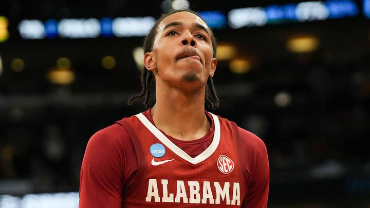 Mar 27, 2026; Chicago, IL, USA; Alabama Crimson Tide guard Labaron Philon Jr. (0) looks on after a Sweet Sixteen game of the Midwest Regional of the men's 2026 NCAA Tournament against the Michigan Wolverines at United Center. Mandatory Credit: David Banks-Imagn Images