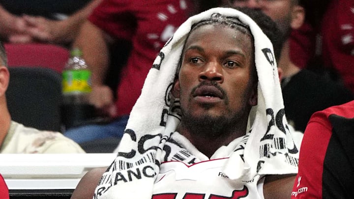 Oct 16, 2024; Miami, Florida, USA; Miami Heat forward Jimmy Butler (22) on the bench in the second half against the Atlanta Hawks at Kaseya Center. Mandatory Credit: Jim Rassol-Imagn Images Oct 16, 2024; Miami, Florida, USA; Miami Heat forward Jimmy Butler (22) on the bench in the second half against the Atlanta Hawks at Kaseya Center. Mandatory Credit: Jim Rassol-Imagn Images