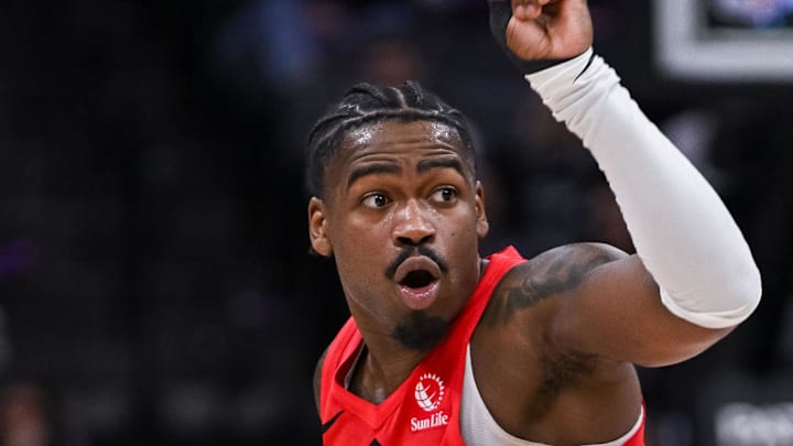 Toronto Raptors guard Jamal Shead calls a play against the Sacramento Kings.