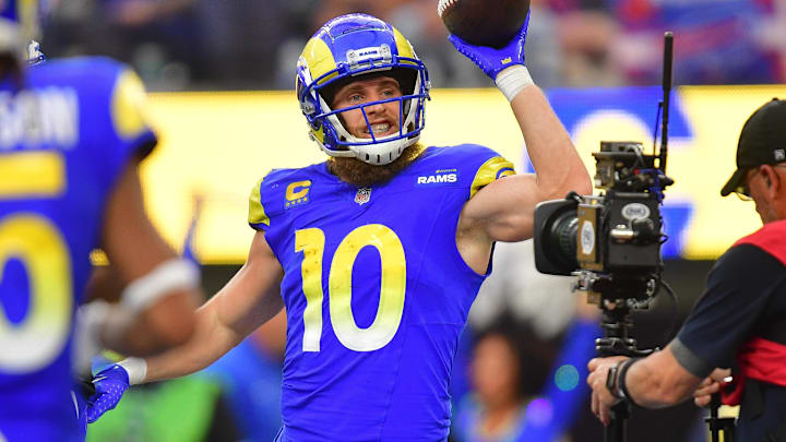 Dec 8, 2024; Inglewood, California, USA; Los Angeles Rams wide receiver Cooper Kupp (10) reacts after making a catch against the Buffalo Bills during the second half at SoFi Stadium. Mandatory Credit: Gary A. Vasquez-Imagn Images