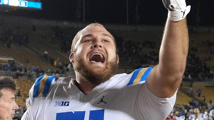 Sep 5, 2026; Berkeley, California, USA; UCLA Bruins offensive lineman Riley Robell (51) celebrates after defeating the California Golden Bears at California Memorial Stadium. Mandatory Credit: Darren Yamashita-Imagn Images Sep 5, 2026; Berkeley, California, USA; UCLA Bruins offensive lineman Riley Robell (51) celebrates after defeating the California Golden Bears at California Memorial Stadium. Mandatory Credit: Darren Yamashita-Imagn Images