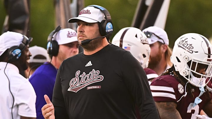 Mississippi State Bulldogs head coach Jeff Lebby stands on the sidelines during the fourth quarter against the Texas A&M Aggies at Davis Wade Stadium at Scott Field. 