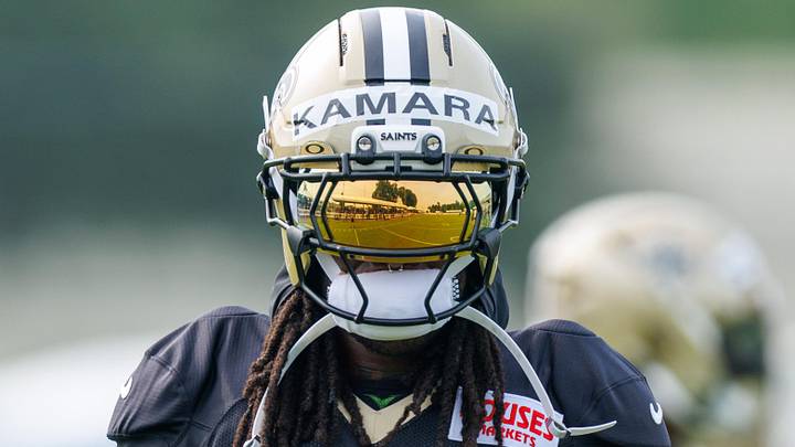 Jul 30, 2025; New Orleans, LA, USA;  New Orleans Saints running back Alvin Kamara (41) looks on during training camp at Ochsner Sports Performance Center. Mandatory Credit: Stephen Lew-Imagn Images