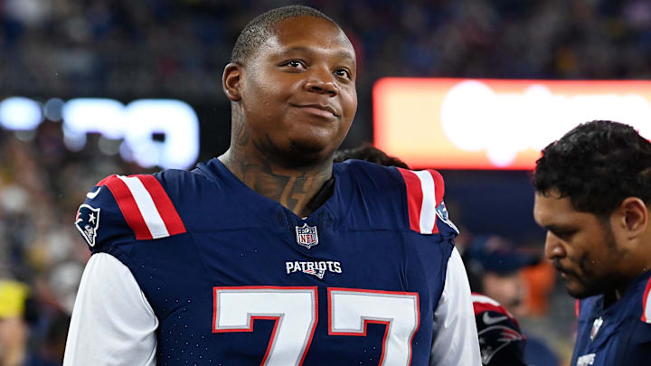 Former New England Patriots offensive tackle Trent Brown (77) during the first half against the Houston Texans at Gillette Stadium. Man