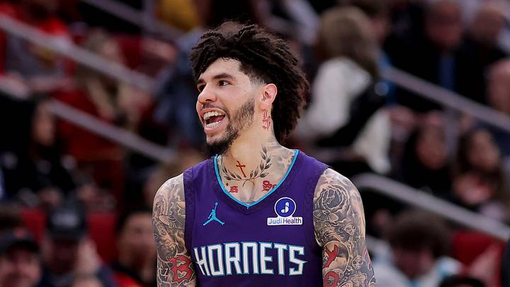 Feb 5, 2026; Houston, Texas, USA; Charlotte Hornets guard LaMelo Ball (1) reacts after a basket against the Houston Rockets during the third quarter at Toyota Center. Mandatory Credit: Erik Williams-Imagn Images