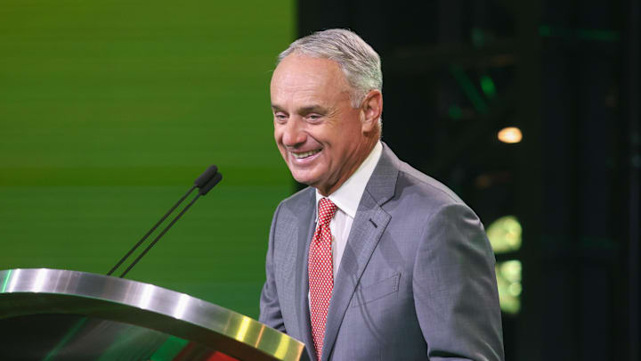 Jul 13, 2025; Atlanta, GA, USA; MLB Commissioner Rob Manfred announces the pick for the Athletics pick during the MLB Draft at The Coca-Cola Roxy. Mandatory Credit: Brett Davis-Imagn Images Jul 13, 2025; Atlanta, GA, USA; MLB Commissioner Rob Manfred announces the pick for the Athletics pick during the MLB Draft at The Coca-Cola Roxy. Mandatory Credit: Brett Davis-Imagn Images