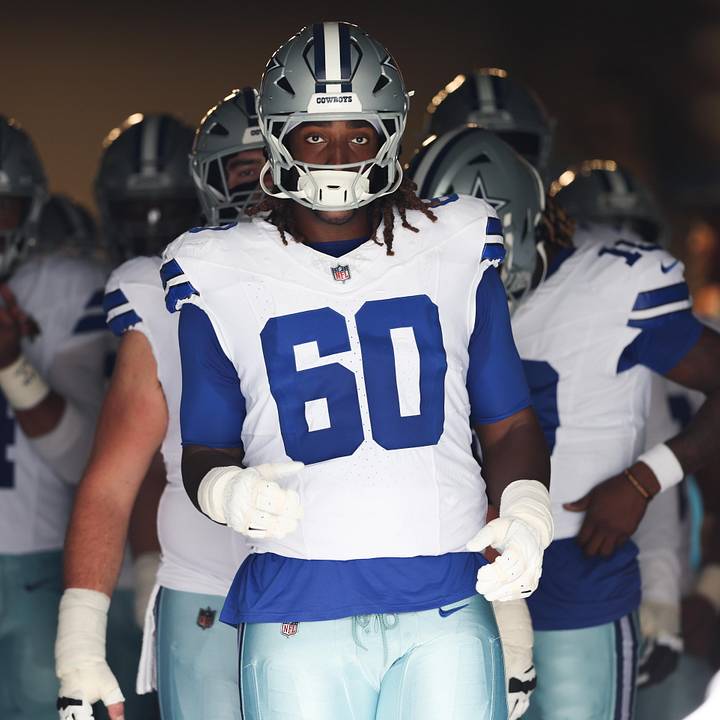 Dallas Cowboys offensive tackle Tyler Guyton prepares to enter the field prior to the game against the Carolina Panthers.