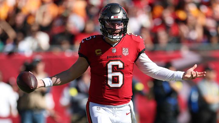 Nov 30, 2025; Tampa, Florida, USA; Tampa Bay Buccaneers quarterback Baker Mayfield (6) reacts after a play during the first half against the Arizona Cardinals at Raymond James Stadium. Mandatory Credit: Nathan Ray Seebeck-Imagn Images