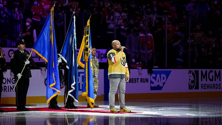 Feb 4, 2022; Las Vegas, Nevada, USA; Carnell Johnson performs the national anthem prior to the 2022 NHL All-Star Game Skills Competition at T-Mobile Arena. Mandatory Credit: Stephen R. Sylvanie-USA TODAY Sports
