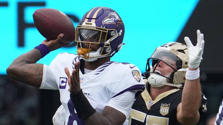 Baltimore Ravens quarterback Lamar Jackson, New Orleans Saints linebacker Kaden Elliss Baltimore Ravens quarterback Lamar Jackson, New Orleans Saints linebacker Kaden Elliss
