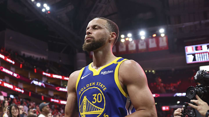 Apr 20, 2025; Houston, Texas, USA; Golden State Warriors guard Stephen Curry (30) walks offf the court after the game against the Houston Rockets at Toyota Center. Mandatory Credit: Troy Taormina-Imagn Images