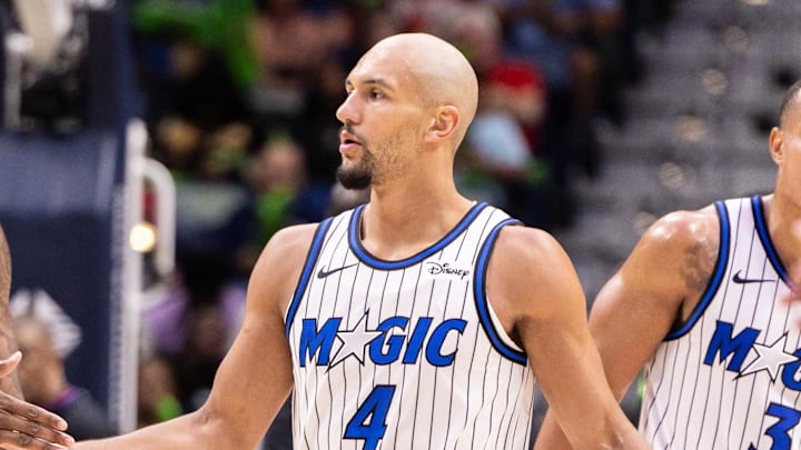Apr 5, 2026; New Orleans, Louisiana, USA;  Orlando Magic guard Jalen Suggs (4) against the New Orleans Pelicans during the second half at Smoothie King Center. Mandatory Credit: Stephen Lew-Imagn Images