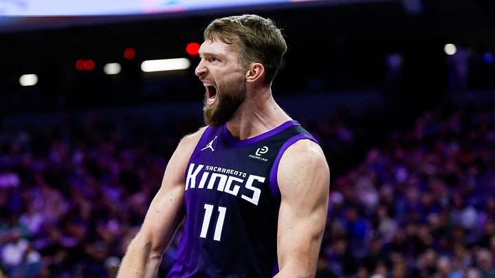 Jan 16, 2026; Sacramento, California, USA; Sacramento Kings forward Domantas Sabonis (11) reacts after a play during the fourth quarter against the Washington Wizards at Golden 1 Center. Mandatory Credit: Sergio Estrada-Imagn Images