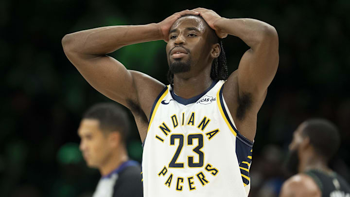 Indiana Pacers wing Aaron Nesmith (23) holds his hands on his head after a foul is called against the Minnesota Timberwolves in the second half at Target Center. Indiana Pacers wing Aaron Nesmith (23) holds his hands on his head after a foul is called against the Minnesota Timberwolves in the second half at Target Center.