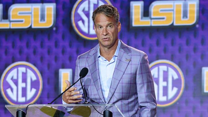 LSU Tigers head coach Lane Kiffin speaks to the press during SEC Football Kickoff Media Day at the Tampa Marriott. LSU Tigers head coach Lane Kiffin speaks to the press during SEC Football Kickoff Media Day at the Tampa Marriott.