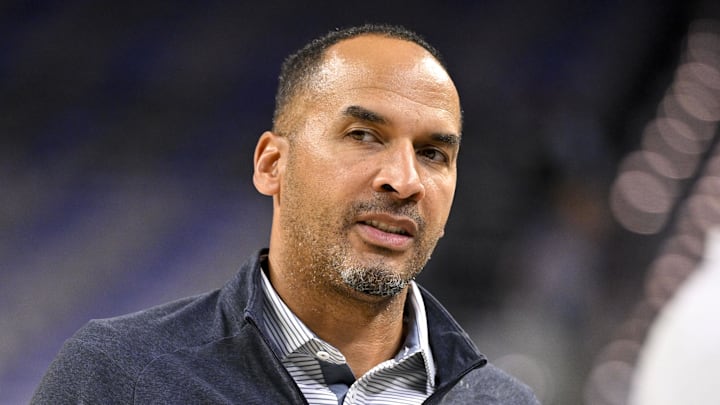 Oct 6, 2025; Fort Worth, Texas, USA; Dallas Mavericks general manager Nico Harrison looks on before the game against the Oklahoma City Thunder at Dickie's Arena. Mandatory Credit: Jerome Miron-Imagn Images