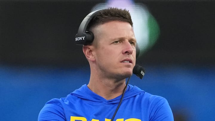 Aug 16, 2025; Inglewood, California, USA; Los Angeles Rams offensive coordinator Mike LaFleur reacts against the Los Angeles Chargers in the second half at SoFi Stadium. Mandatory Credit: Kirby Lee-Imagn Images
