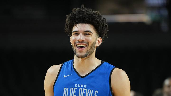 Mar 18, 2026; Greenville, SC, USA; Duke Blue Devils forward Cameron Boozer (12) reacts during a practice session ahead of the first round of the men's 2026 NCAA Tournament at Bon Secours Wellness Arena. Mandatory Credit: Bob Donnan-Imagn Images