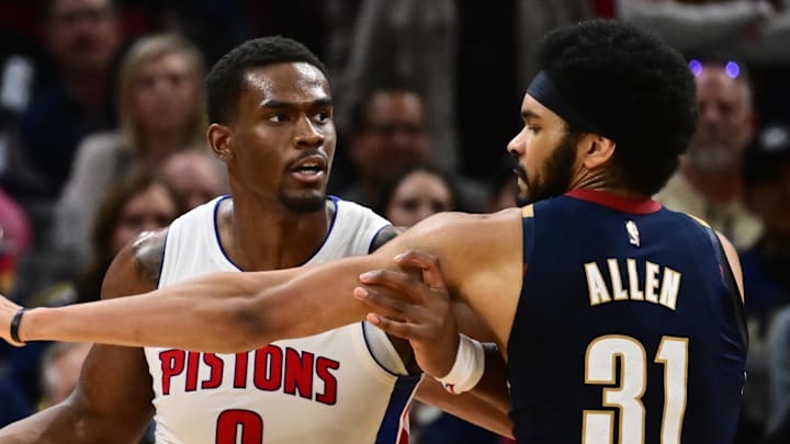 May 11, 2026; Cleveland, Ohio, USA; Cleveland Cavaliers center Jarrett Allen (31) guards Detroit Pistons center Jalen Duren (0) during the second half of game four in the second round of the 2026 NBA Playoffs at Rocket Arena. Mandatory Credit: Ken Blaze-Imagn Images