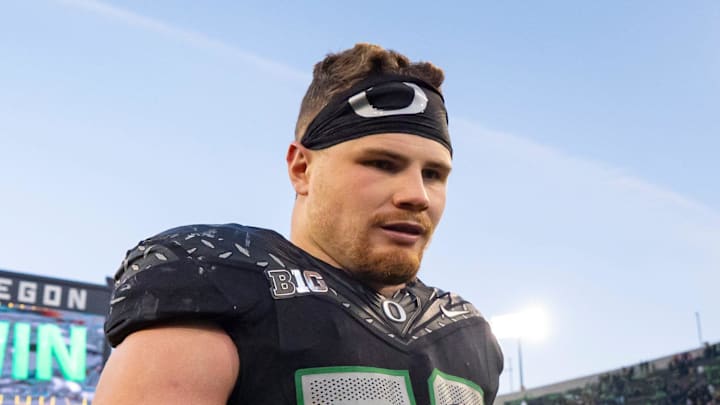 Oregon inside linebacker Bryce Boettcher celebrates his win as the Oregon Ducks host the USC Trojans on Nov. 22, 2025, at Autzen Stadium in Eugene, Oregon.