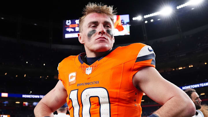 Dec 15, 2024; Denver, Colorado, USA; Denver Broncos quarterback Bo Nix (10) following the game against the Indianapolis Colts at Empower Field at Mile High. Mandatory Credit: Ron Chenoy-Imagn Images