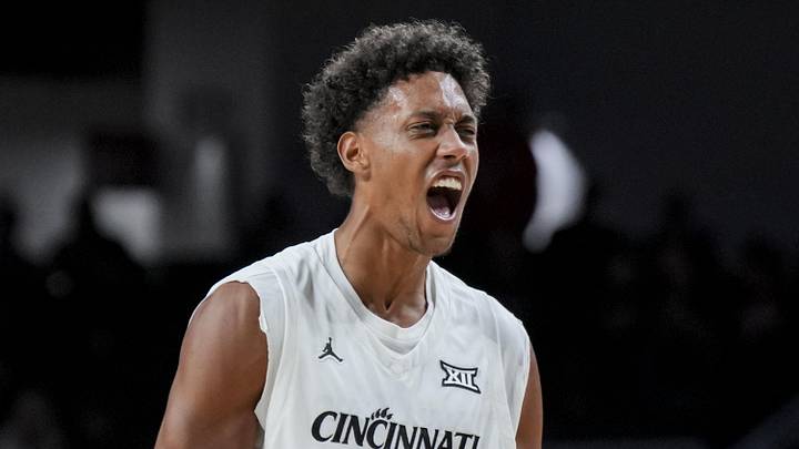 Nov 3, 2025; Cincinnati, Ohio, USA;  Cincinnati Bearcats forward Baba Miller (18) reacts during a stop in play against the Western Carolina Catamounts in the second half at Fifth Third Arena. Mandatory Credit: Aaron Doster-Imagn Images