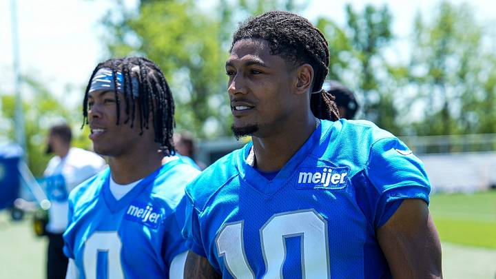 Detroit Lions running back Isiah Pacheco (10) walks off the field with running back Jahmyr Gibbs (0) Detroit Lions running back Isiah Pacheco (10) walks off the field with running back Jahmyr Gibbs (0)