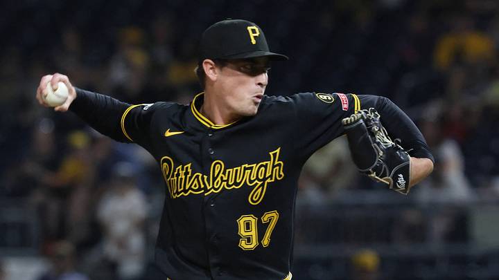 Jul 28, 2026; Pittsburgh, Pennsylvania, USA;  Pittsburgh Pirates relief pitcher Ron Marinaccio (97) pitches against the Arizona Diamondbacks during the ninth inning at PNC Park. Mandatory Credit: Charles LeClaire-Imagn Images