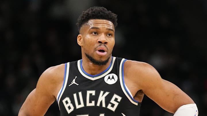 Jan 23, 2026; Milwaukee, Wisconsin, USA;  Milwaukee Bucks forward Giannis Antetokounmpo (34) looks on during the second quarter against the Denver Nuggets at Fiserv Forum. Mandatory Credit: Jeff Hanisch-Imagn Images