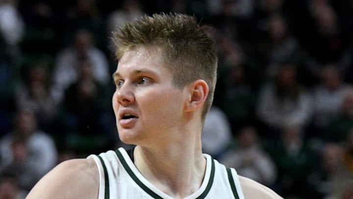 Jan 24, 2026; East Lansing, Michigan, USA; Michigan State Spartans forward Jaxon Kohler (0) reacts to a Michigan State Spartans forward Coen Carr (55) dunk during the second half against the Maryland Terrapins at Jack Breslin Student Events Center. Jan 24, 2026; East Lansing, Michigan, USA; Michigan State Spartans forward Jaxon Kohler (0) reacts to a Michigan State Spartans forward Coen Carr (55) dunk during the second half against the Maryland Terrapins at Jack Breslin Student Events Center.