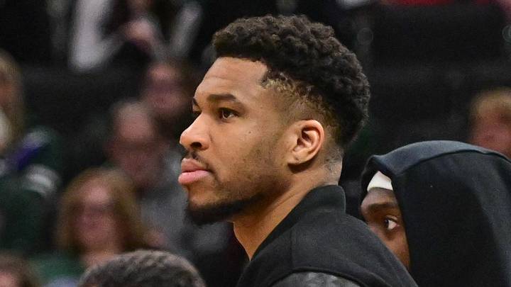 Milwaukee Bucks forward Giannis Antetokounmpo (34) looks on from the bench in the second quarter against the Toronto Raptors as he recovers from a calf injury at Fiserv Forum on Feb 22, 2026.