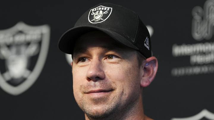 Las Vegas Raiders head coach Klint Kubiak speaks during a news conference during organized team activities.