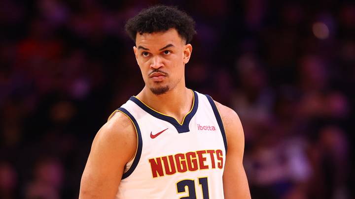 Mar 24, 2026; Phoenix, Arizona, USA; Denver Nuggets forward Spencer Jones (21) against the Phoenix Suns at Mortgage Matchup Center. Mandatory Credit: Mark J. Rebilas-Imagn Images